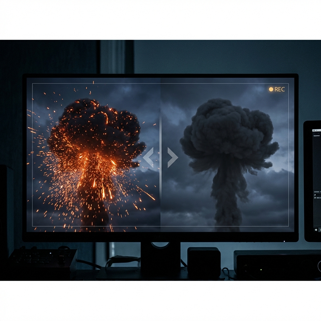 きのこ雲の火花比較：左は火花あり、右は消去後