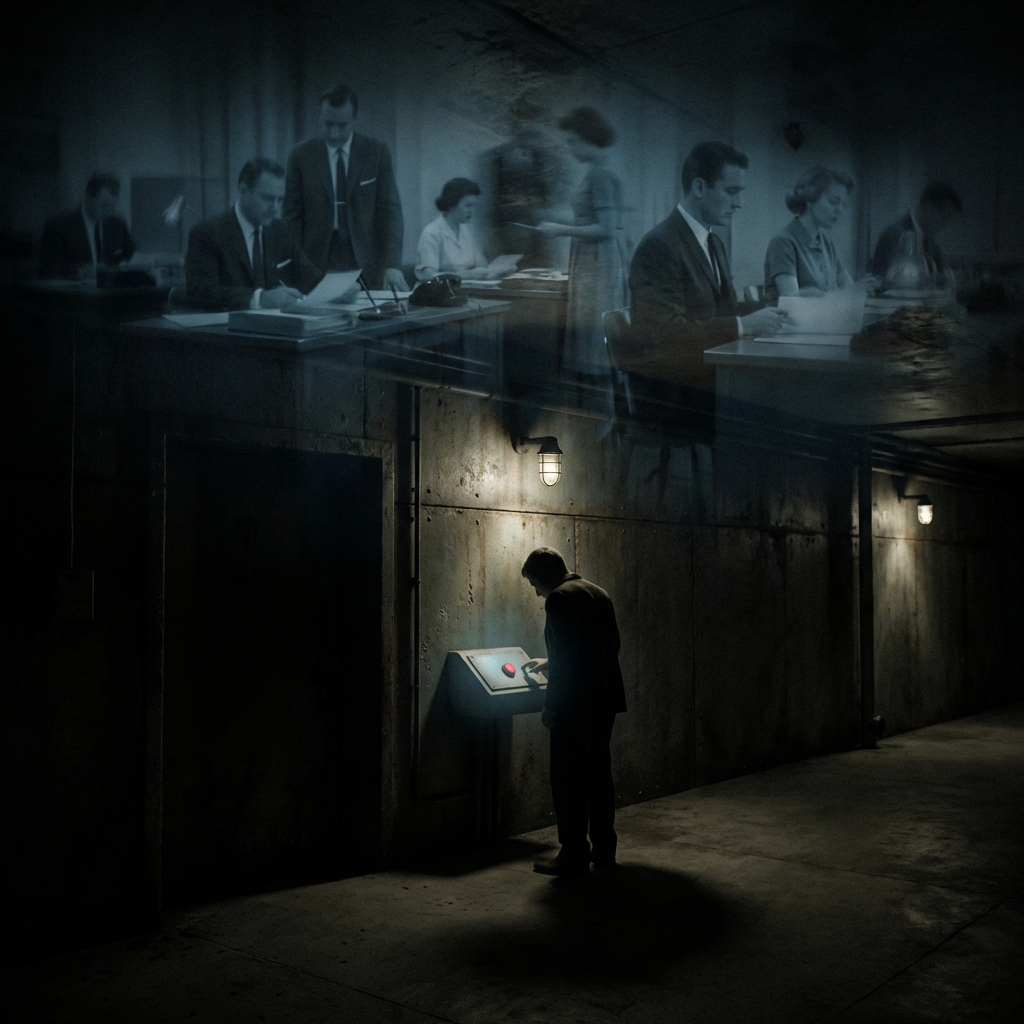 地下室で選択を迫られた人物のイメージ